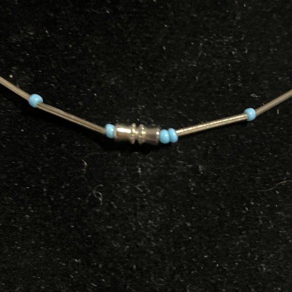Silver Tone Choker Necklace With Aqua Beads (369) - Picture 5 of 5